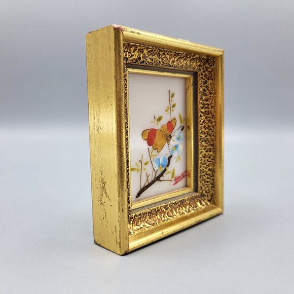 Verilyn Gallery Spain Signed Art Hand Painted Butterfly Flowers Gold Frame 3x4 - Picture 9 of 13